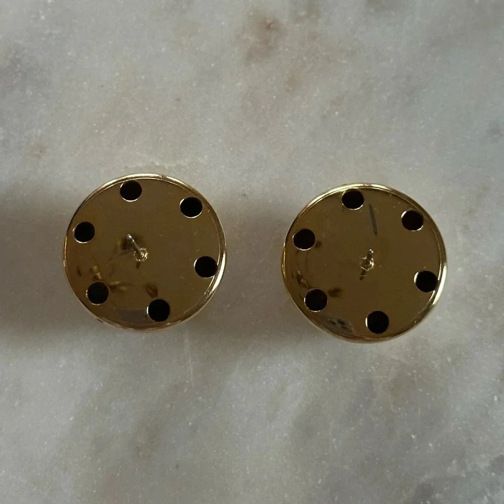 Vintage Gold Tone Earrings Large Round Stud Textured Checkered Diamond Pattern